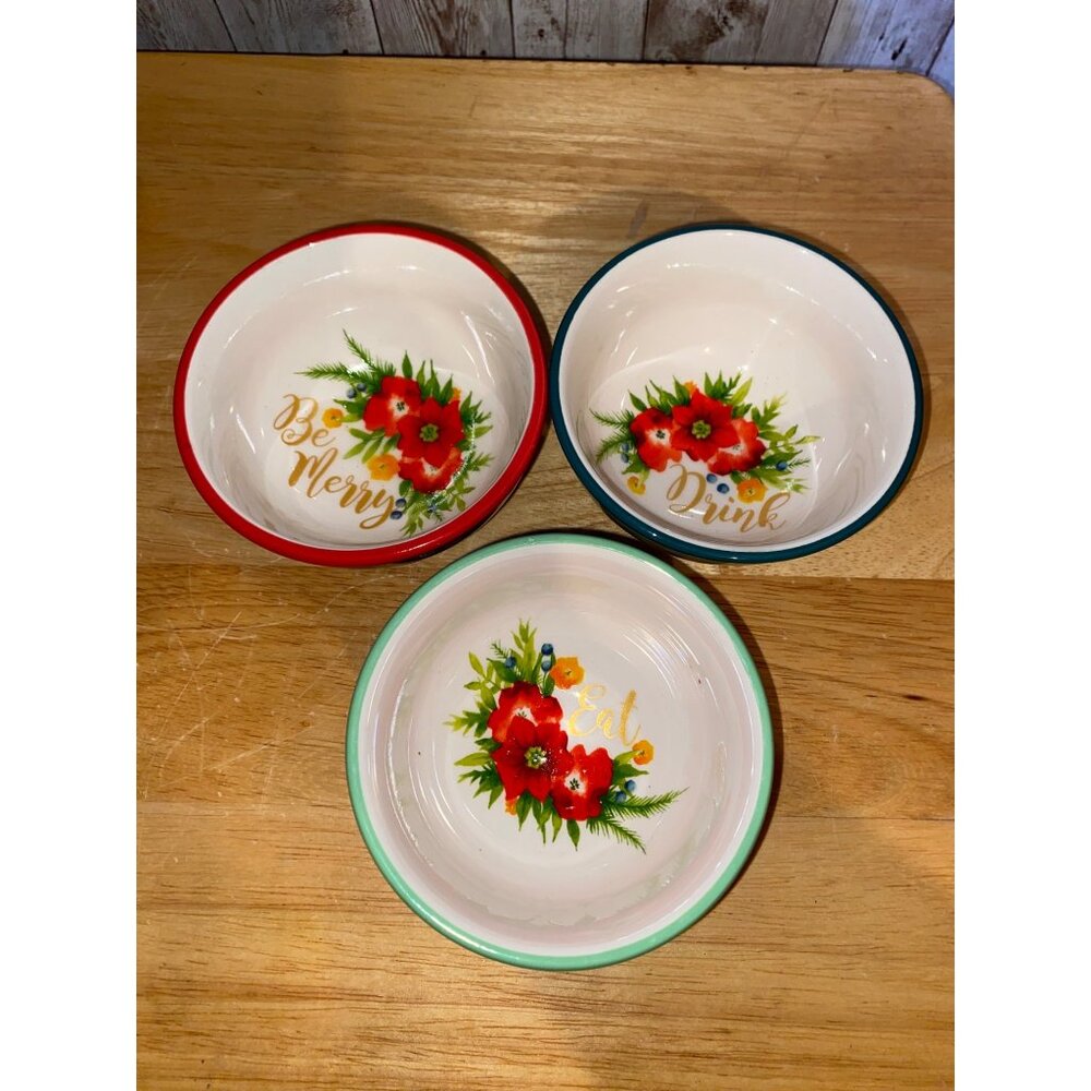 Pioneer Woman Dip Condiment Bowl Set Of 3 Gold Polka Dots & Floral Interior Eat